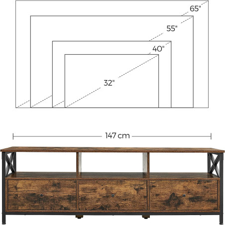 Comoda Tv Cu 3 Sertare Si Rafturi De Depozitare, Maro Rustic Si Negru, 147 Cm-01