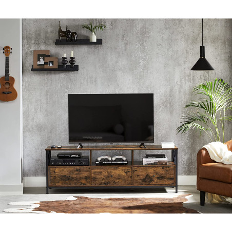 Comoda Tv Cu 3 Sertare Si Rafturi De Depozitare, Maro Rustic Si Negru, 147 Cm-01