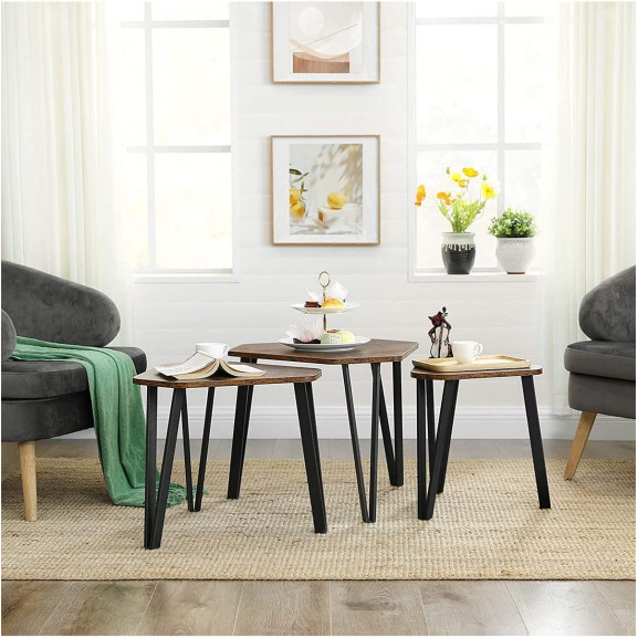 Set De 3 Masute De Cafea, Maro Rustic Si Negru
