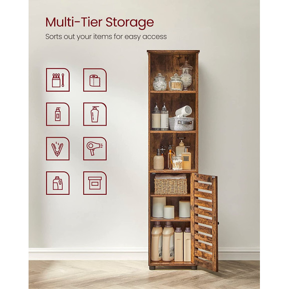 Dulap Inalt Pentru Baie, Cu 3 Compartimente Deschise Și 2 Rafturi Reglabile, Maro Rustic, 40 Cm