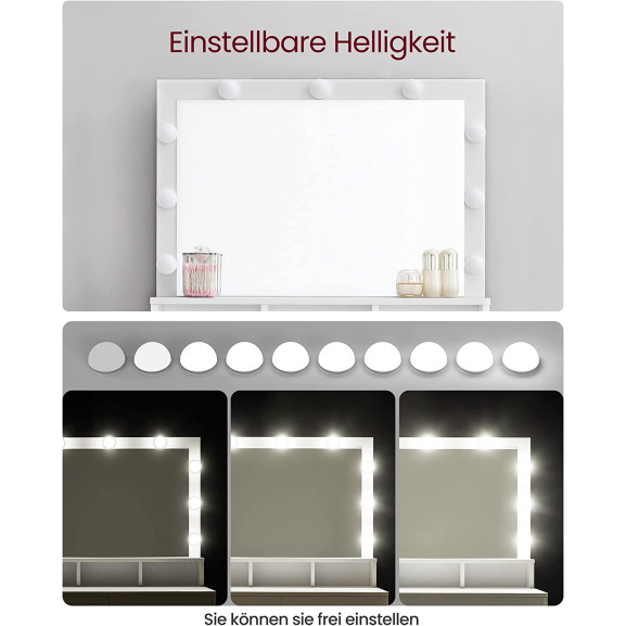 Masuta De Toaleta Cu Iluminare Led, Cu Oglinda, 2 Sertare Si 3 Compartimente, Alb, 80 Cm