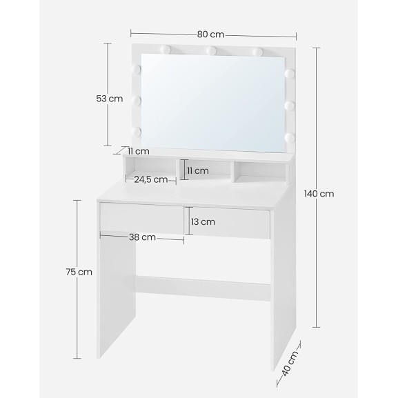 Masuta De Toaleta Cu Iluminare Led, Cu Oglinda, 2 Sertare Si 3 Compartimente, Alb, 80 Cm