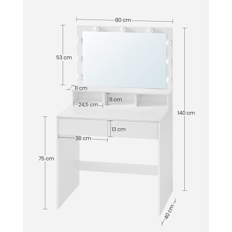 Masuta De Toaleta Cu Iluminare Led, Cu Oglinda, 2 Sertare Si 3 Compartimente, Alb, 80 Cm-01