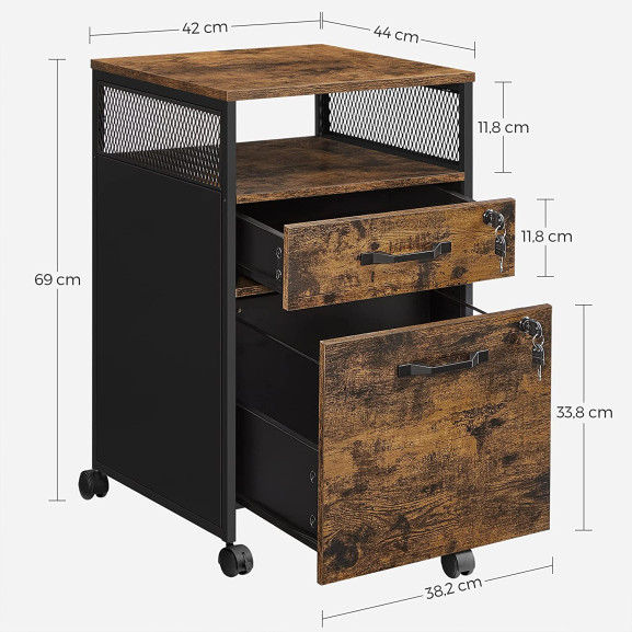 Dulap De Birou Mobil Cu 2 Sertare, Maro Rustic Si Negru, 42 Cm