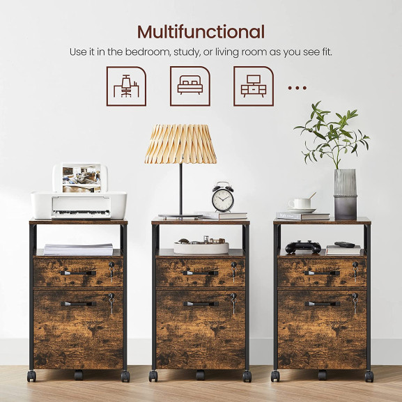 Dulap De Birou Mobil Cu 2 Sertare, Maro Rustic Si Negru, 42 Cm