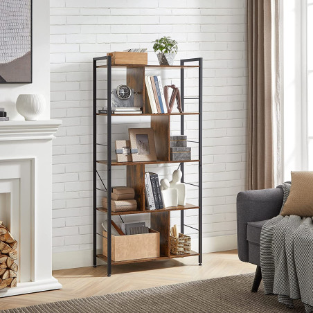 Biblioteca Cu 5 Niveluri, Maro Rustic Si Negru, 74 Cm-01