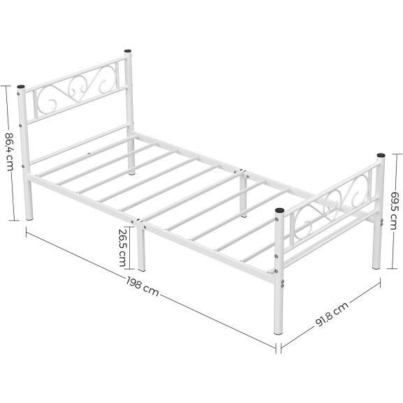 Cadru De Pat Din Metal, Dimensiune Saltea 90 X 190 Cm, De O Persoana, Alb
