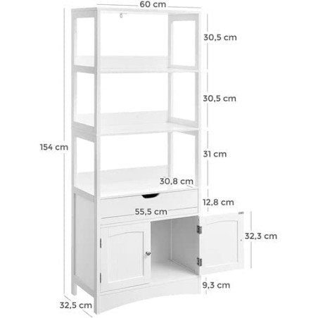 Dulap Inalt De Depozitare Pentru Baie, Cu 3 Rafturi, 1 Sertar Si 2 Usi, Alb, 60 Cm-01