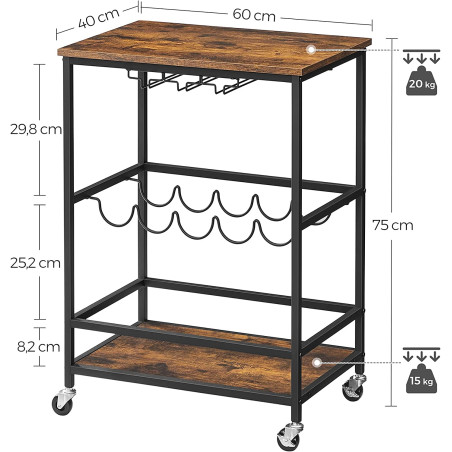 Carucior De Bar, Cu Suporturi Pentru Pahare Si Sticle, Vintage Maro Si Negru, 60 Cm-01