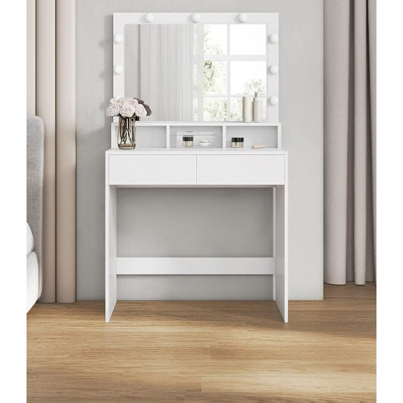 Masuta De Toaleta Cu Iluminare Led Cu Oglinda 2 Sertare Si 3 Compartimente Alb 80 Cm