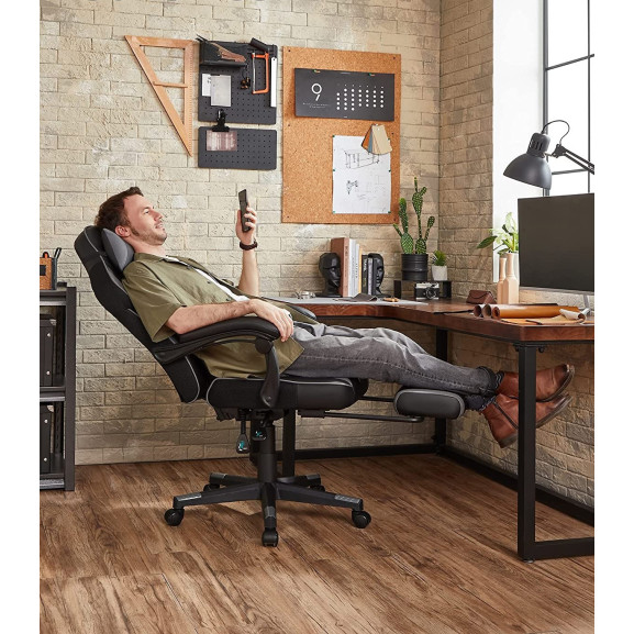 Scaun de birou ergonomic reglabil, cu suport telescopic, tetiera, suport lombar, negru si gri