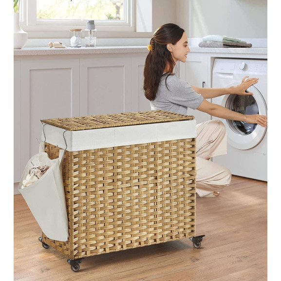Poze Cos De Rufe Rulant Din Rattan Sintetic Cu 3 Sectiuni, Captuseala Detasabila, Natur, 26 Cm
