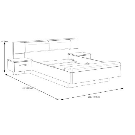 Pat Cu 2 Noptiere Delice Gri Wolfram Uni Si Stejar Negru, Dimensiune Saltea 180 X 200 Cm-01