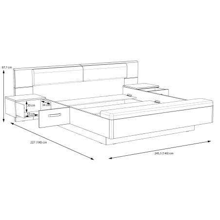 Pat Cu 2 Noptiere Delice Gri Wolfram Uni Si Stejar Negru, Dimensiune Saltea 180 X 200 Cm-01