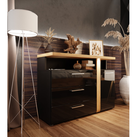 Comoda Tuberoze Negru Stejar Catania si Negru Super Lucios 118.5 Cm