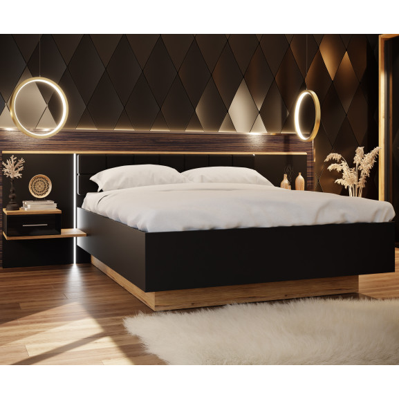 Poze Pat Cu Noptiere Tuberoze, Negru, Stejar Catania si Negru Super Lucios, Dimensiune Saltea 160 x 200 Cm