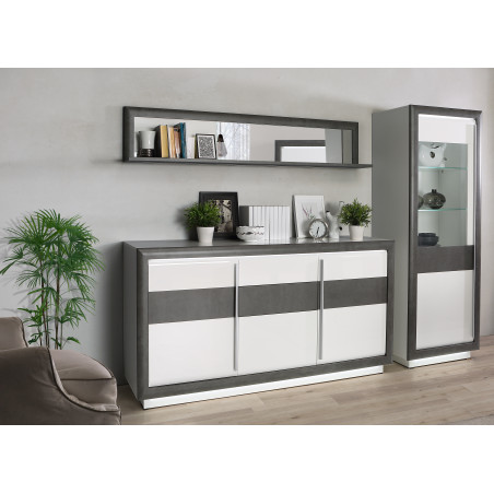 Vitrina Stanga Cuantico Alb, Beton Optic Gri Inchis Si Alb Super Lucios, 73.3 Cm-01