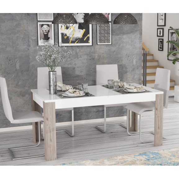 Poze Masa Extensibila Cuantico Stejar Nelson, Alb Si Alb Super Lucios, 160/206.6 x 75 x 90 Cm