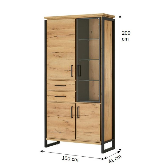 Vitrina Cu 3 Usi Si 2 Sertare Reno, Smoked Oak, Furnir Din Lemn Masiv, 100 Cm