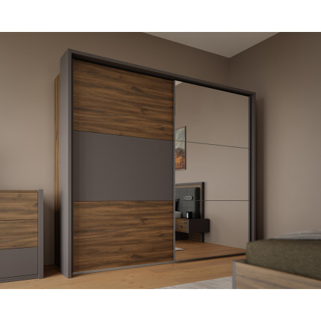 Dulap Cu Oglinda Si Rama Delicate, 2 Usi Glisante, 5 Polite, Stejar Justus si Gri Wolfram Uni, 225.5 Cm-01