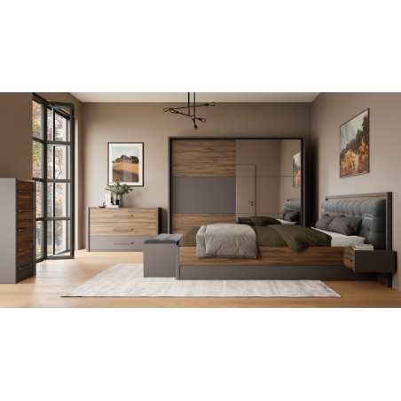 Dulap Cu Oglinda Si Rama Delicate, 2 Usi Glisante, 5 Polite, Stejar Justus si Gri Wolfram Uni, 225.5 Cm-01