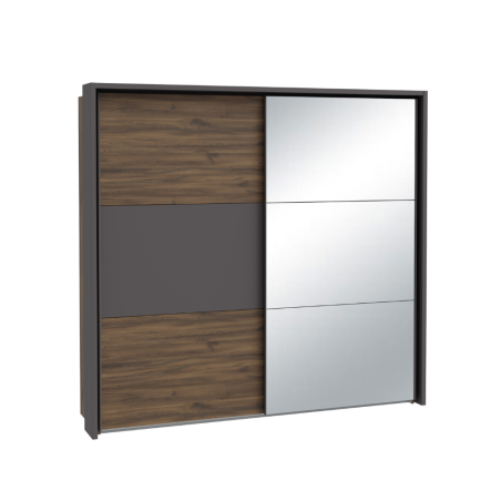 Dulap Cu Oglinda Si Rama Delicate, 2 Usi Glisante, 5 Polite, Stejar Justus si Gri Wolfram Uni, 225.5 Cm-01