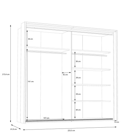 Dulap Cu Rama Delicate, 2 Usi Glisante, 5 Polite, Stejar Justus si Gri Wolfram Uni, 225.5 Cm-01