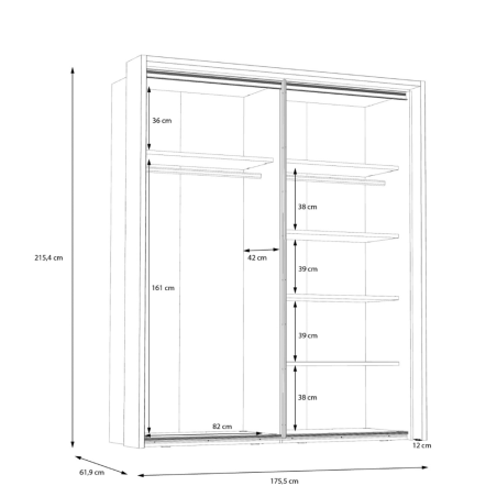 Dulap Cu Oglinda Si Rama Delicate, 2 Usi Glisante, 5 Polite, Stejar Justus si Gri Wolfram Uni, 175.5 Cm-01