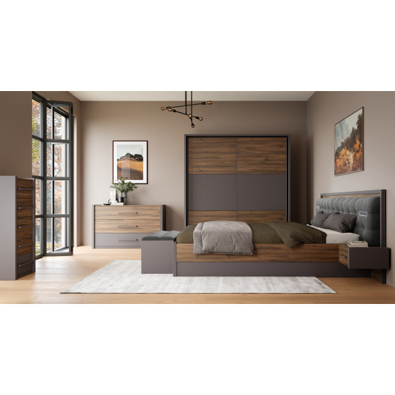 Pat Cu Noptiere Delicate, Dimensiune Saltea 180 x 200 Cm, Si Somiera Rabatabila, Stejar Justus Si Gri Wolfram Uni