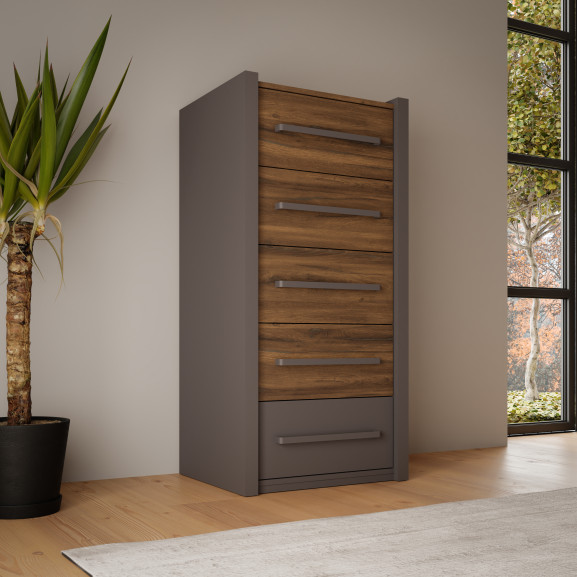 Comoda Cu 5 Sertare Delicate Stejar Justus Si Gri Wolfram Uni 47.6 Cm