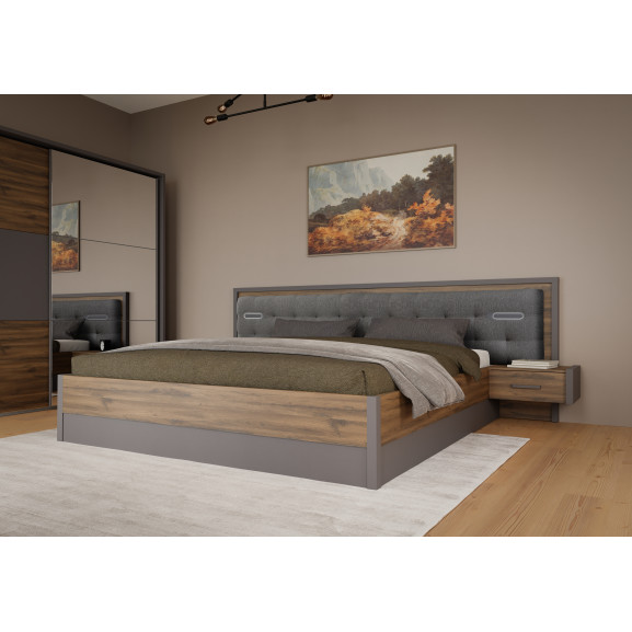 Pat Cu Noptiere Delicate, Dimensiune Saltea 180 x 200 Cm, Si Somiera Rabatabila, Stejar Justus Si Gri Wolfram Uni