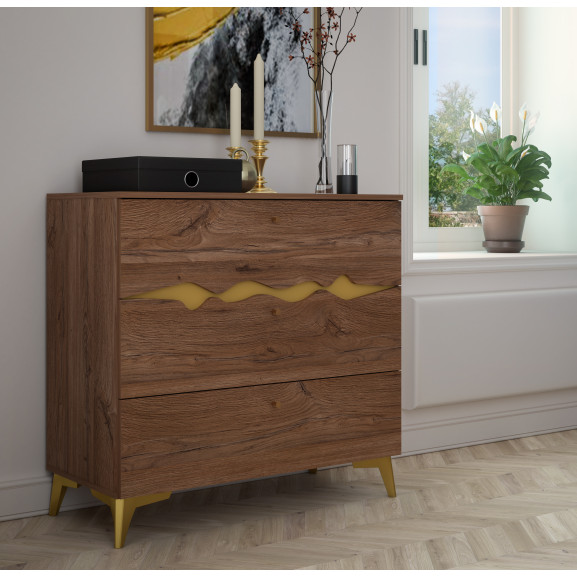 Comoda Cu 3 Sertare Kattla Stejar Colonial Si Auriu 89.9 Cm