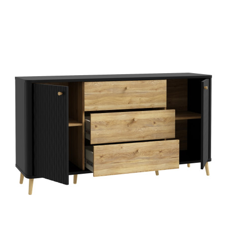 Bufet Cu 2 Usi Si 3 Sertare Flexytone, Stejar Mauvella Si Negru Mat, 158 Cm-01