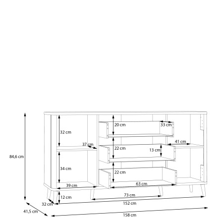 Bufet Cu 2 Usi Si 3 Sertare Flexytone, Stejar Mauvella Si Negru Mat, 158 Cm-01