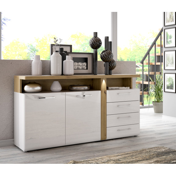 Comoda Mare 2 Usi Si 4 Sertare Tuluza Stejar Artisan Si Alb Lucios 163.2 Cm