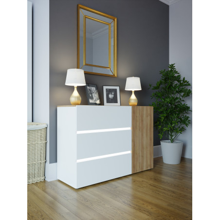 Comoda Cu 1 Usa Si 3 Sertare Longbeach, Stejar Riviera Si Alb Super Lucios, 114.9 Cm-01