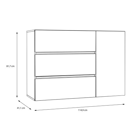 Comoda Cu 1 Usa Si 3 Sertare Longbeach, Stejar Riviera Si Alb Super Lucios, 114.9 Cm-01