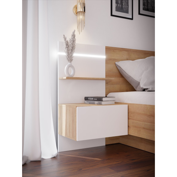 Set 2 noptiere Inalte Cu Sertar Longbeach Stejar Riviera Si Alb Super Lucios 50.5 Cm