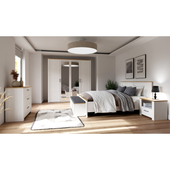 Set Dormitor Blanche Stejar Riviera Si Zada Deschis Pat Cu Dimensiune Saltea 180 x 200 Cm Dulap Cu 4 Usi Set 2 Noptiere