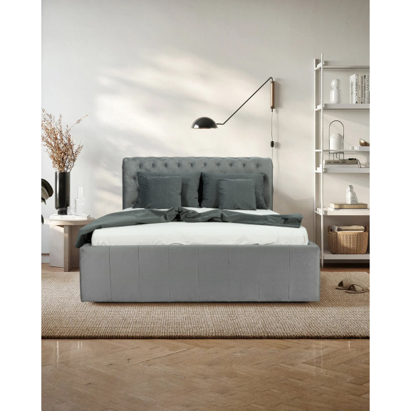 Poze Pat Tapitat Cu Somiera Rabatabila Paris, Gri, Dimensiune Saltea 180 x 200 Cm