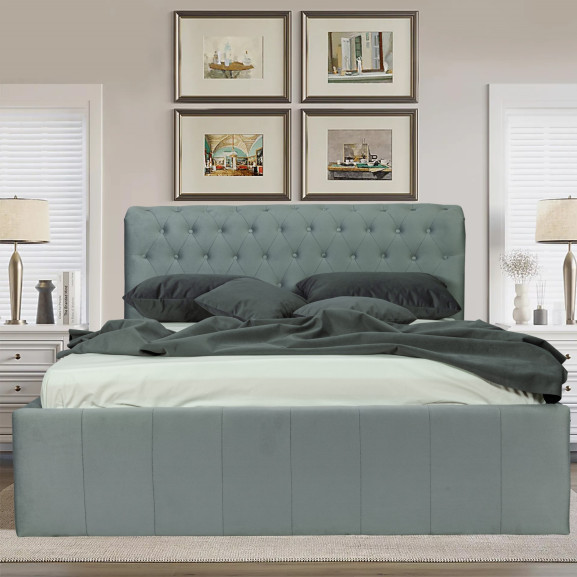 Poze Pat Tapitat Cu Somiera Rabatabila Paris, Gri Albastrui, Dimensiune Saltea 160 x 200 Cm