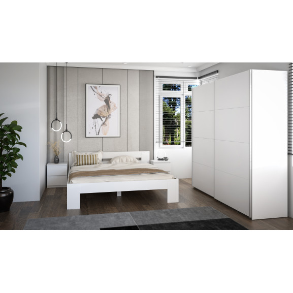 Set Dormitor Praktic Alb Mat Dulap 220 Cm 2 Noptiere Si Pat Cu Dimensiune Saltea 180 x 200 Cm
