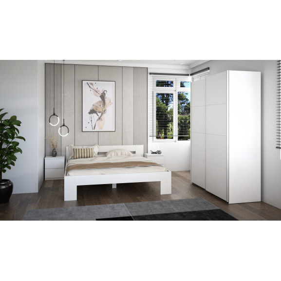 Set Dormitor Praktic Alb Mat Dulap 150 Cm 2 Noptiere Pat Cu Dimensiune Saltea 180 x 200 Cm