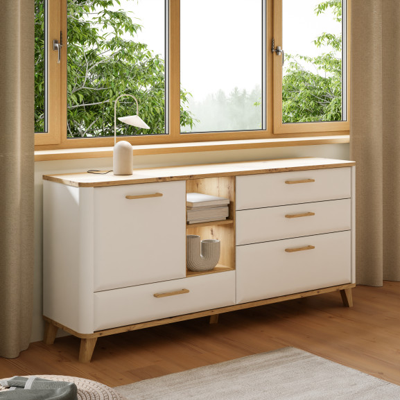 Comoda Mica Cu 3 Usi Si 2 Sertare Whitedream Stejar Artisan Si Alb Mat 169.7 Cm