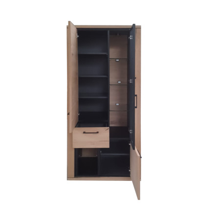 Vitrina Tulia Cu 3 Usi Si 1 Sertar, Furniruita, Natur Si Negru, 80 Cm- Resigilat-01