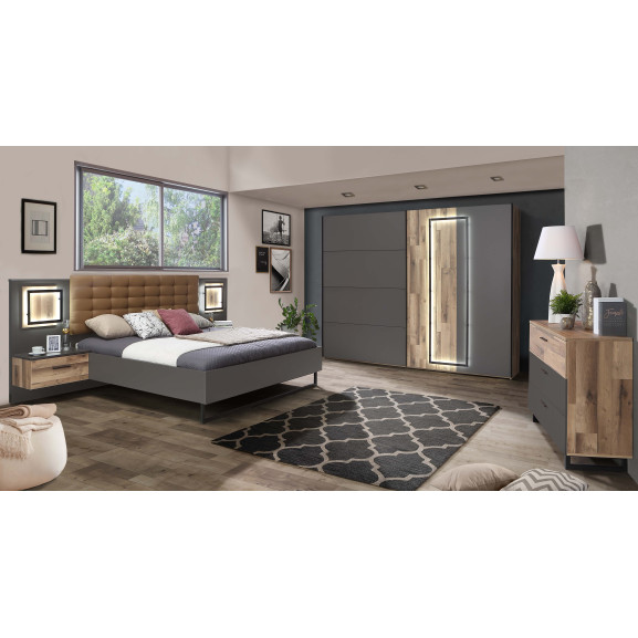 Pat Cu Noptiere Soprano Black, Dimensiune Saltea 180 x 200 Cm, Stejar Pardosit Si Gri Uni Wolfram