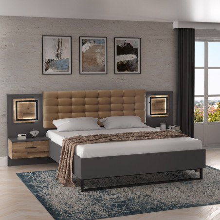 Pat Cu Noptiere Soprano Black, Stejar Pardosit Si Gri Uni Wolfram, Dimensiune Saltea 180 x 200 Cm-01