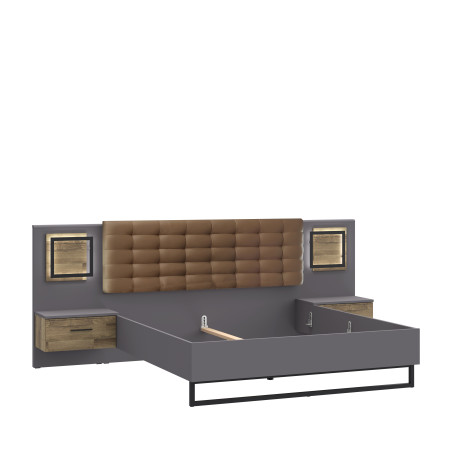 Pat Cu Noptiere Soprano Black, Stejar Pardosit Si Gri Uni Wolfram, Dimensiune Saltea 180 x 200 Cm-01