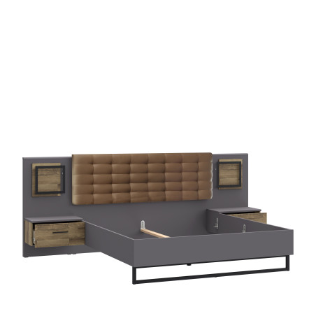 Pat Cu Noptiere Soprano Black, Stejar Pardosit Si Gri Uni Wolfram, Dimensiune Saltea 180 x 200 Cm-01