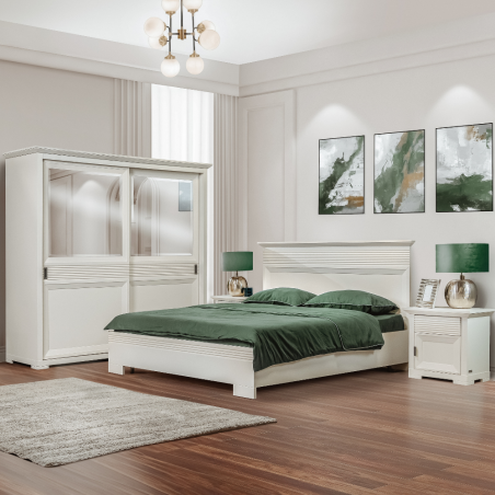 Set Dormitor Verona Bianco, Pat Cu Dimensiune saltea 180 X 200 Cm, 2 Noptiere Si Dulap-01